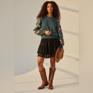 Anthropologie Porridge Textued Top with floral balloon sleeves
